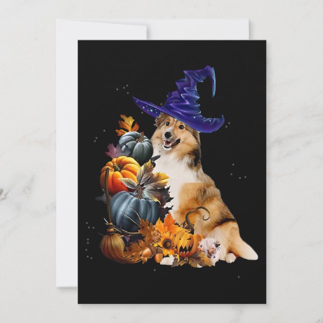Sheltie Hund Witch och Pumpkins Halloween Thanksgi Inbjudningar (Framsida)