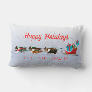 Sheltie Hundar Pulling Sleigh, Snowing Helgdag Lumbarkudde