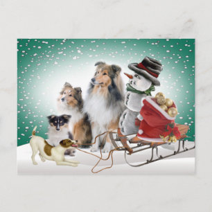 Sheltie, Jack Russell och Snögubbe Julafton-kort Helg Vykort