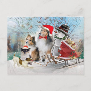 Sheltie, Jack Russell och Snögubbe Julafton-kort Helg Vykort