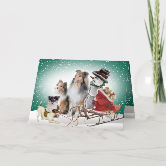 Sheltie, jack Russell och snögubbejulaftonkort Helgkort (Framsida)