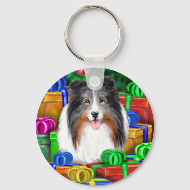 Sheltie jul Open Gifts Blue Merle Nyckelring (Framsida)