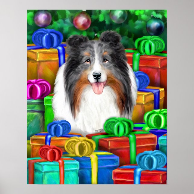Sheltie jul Open Gifts Blue Merle Poster (Framsidan)