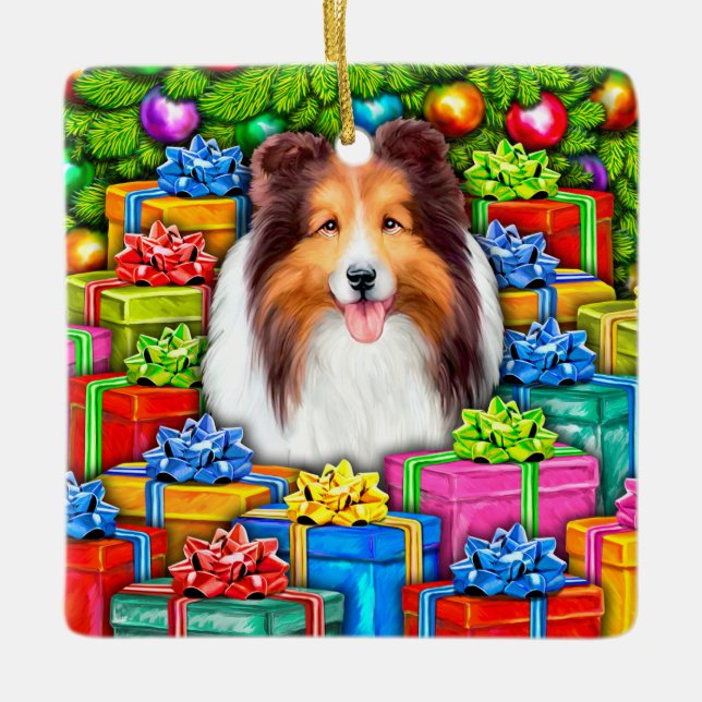 Sheltie jul Open Gifts Julgransprydnad Keramik (Framsida)