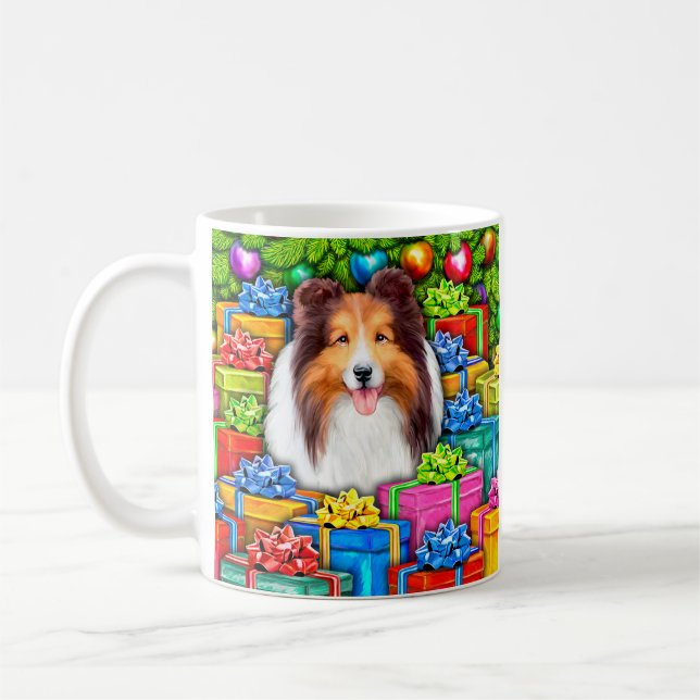 Sheltie jul Open Gifts Kaffemugg (Vänster)