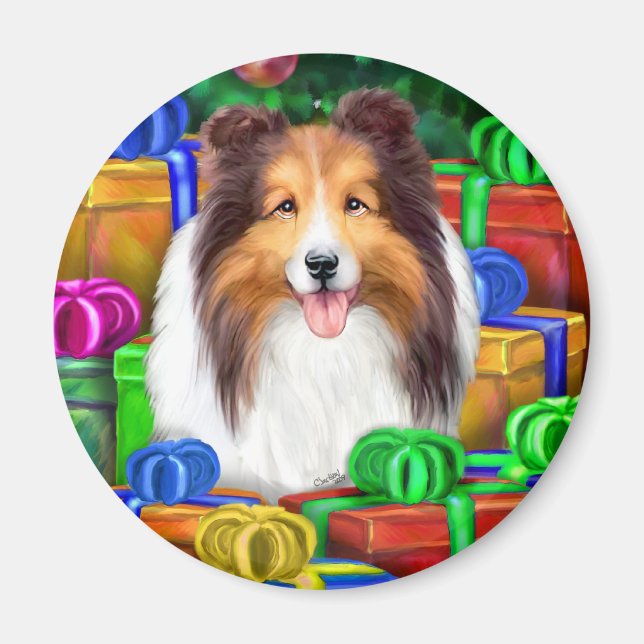 Sheltie jul Open Gifts Sable Magnet (Framsidan)