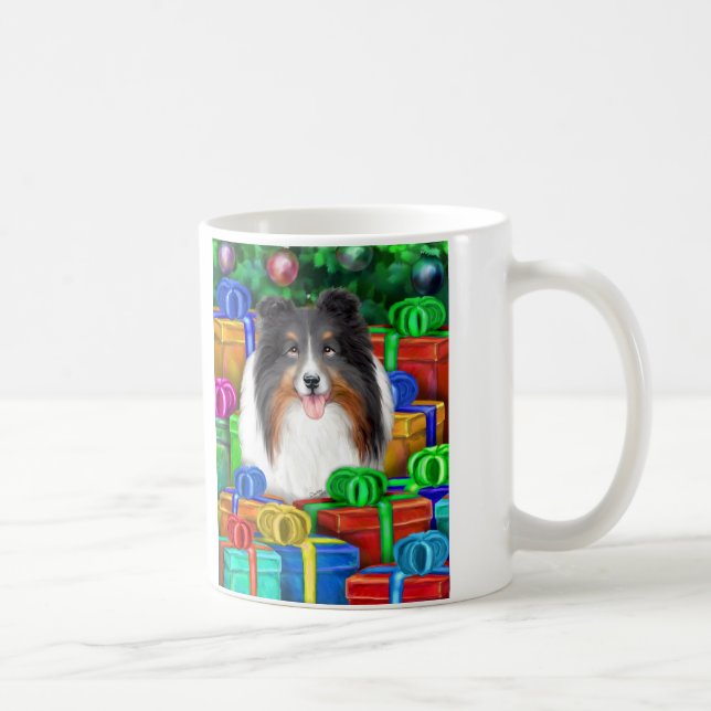 Sheltie jul Open Gifts Tri Färg Kaffemugg (Höger)