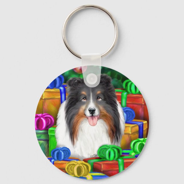 Sheltie jul Open Gifts Tri Färg Nyckelring (Framsida)