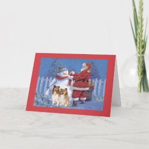 Sheltie julkort Santa Card Santa and Snögubbe Helgkort