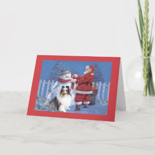 Sheltie julkort Santa och snögubbe Helgkort