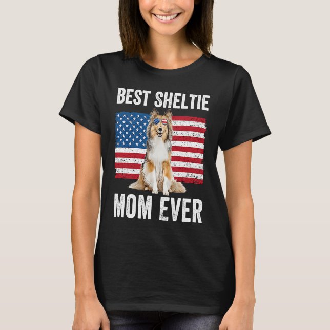 Sheltie Mom American Flag Dog  Owner Shetland Shee T Shirt (Framsida)