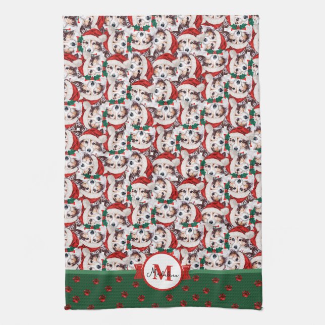 Sheltie Mönster Monogram Jul Hund Kökshandduk (Vertikal)