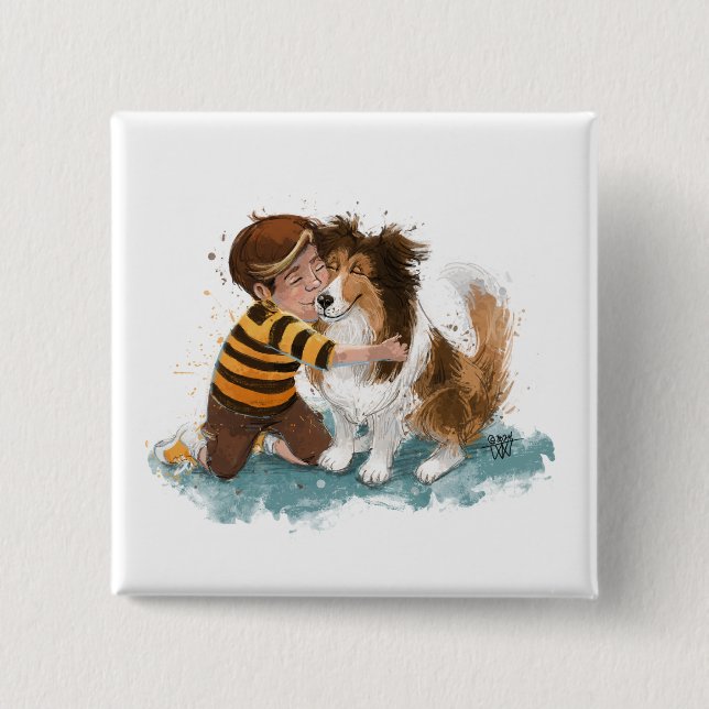 Sheltie och pojkhund kramar knapp (Framsida)