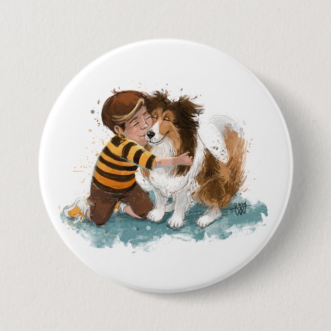 Sheltie och pojkhund kramar knapp (Framsida)