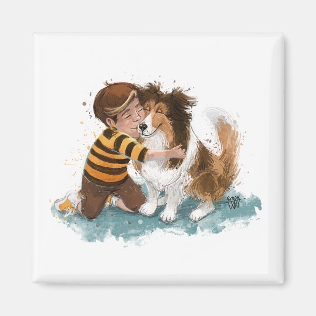 Sheltie och pojkhund kramar magnet (Framsidan)