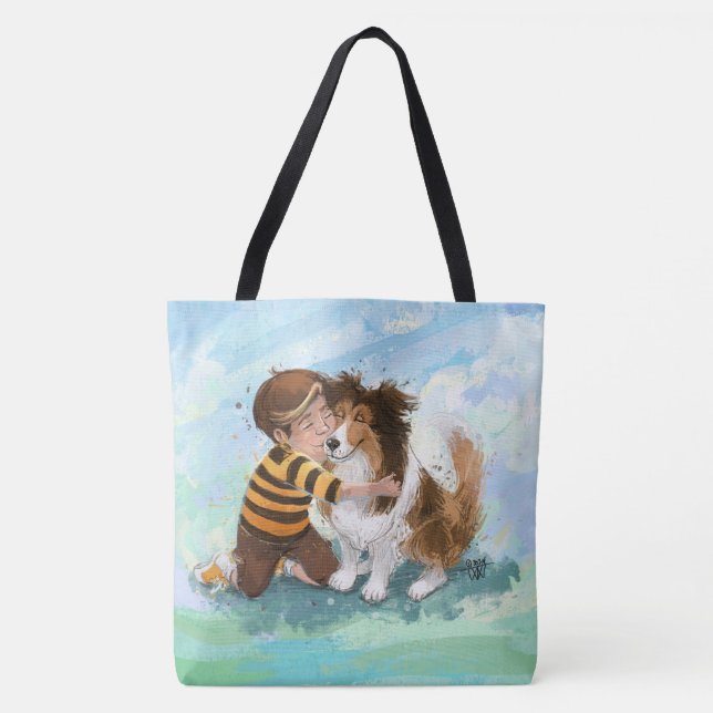 Sheltie och pojkhund kramar tygkasse (Framsida)