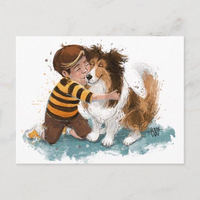Sheltie och pojkhund kramar vykort (Framsida)