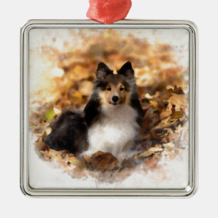 Sheltie Shetland Sheepdog Art Painting Julgransprydnad Metall