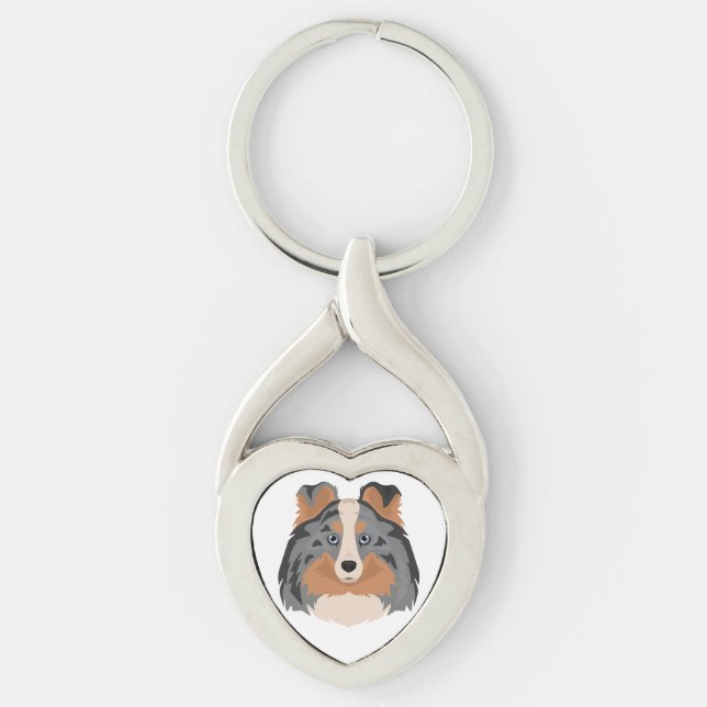 Sheltie, Shetland Sheepdog hund mix Twisted Heart Silverfärgad Nyckelring (Framsidan)
