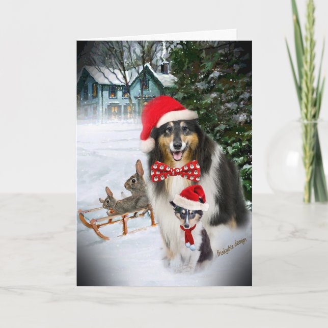 Sheltie som Sledding med kaniner Helgkort (Framsida)