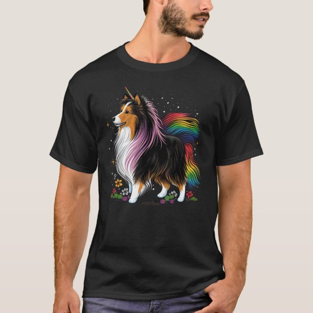 Sheltie Unicorn on Rainbow Unicorn Shetland Sheepd T Shirt (Framsida)