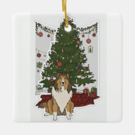 Sheltie vid julgranen julgransprydnad keramik
