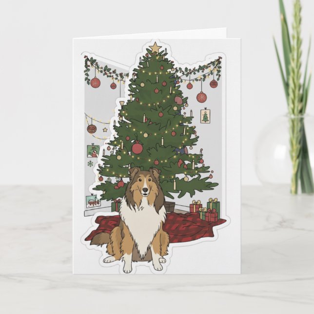 Sheltie vid julgranen kort (Framsida)