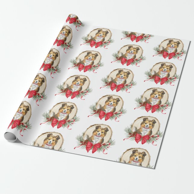 Sheltie Wood Slice Julafton Wrapping Papper Presentpapper (Utrullad)