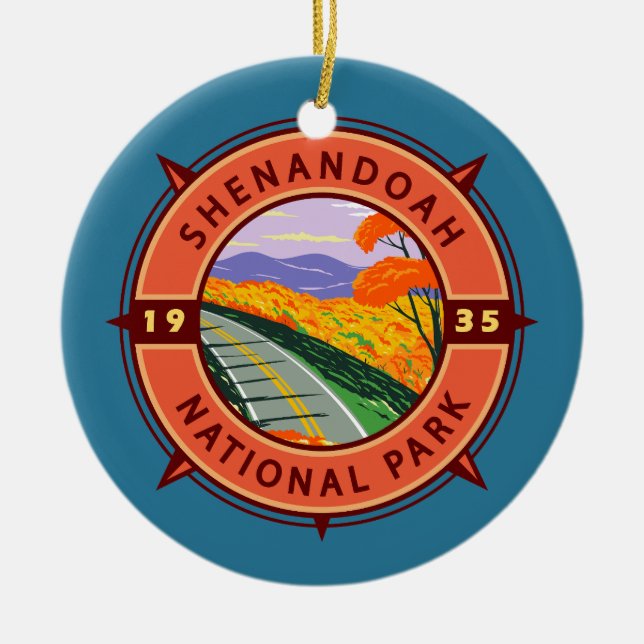 Shenandoah National Park Retro Compass Emblem Julgransprydnad Keramik (Framsidan)