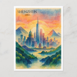 Shenzhen China Watercolor Skyline Souvenir Helg Vykort