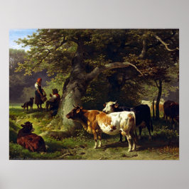 Shepherd and Cow Herd at Pond Poster