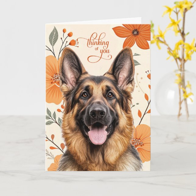 Shepherd Dog Retro Orange Flowers Thinking of You Kort (Gul blomma)