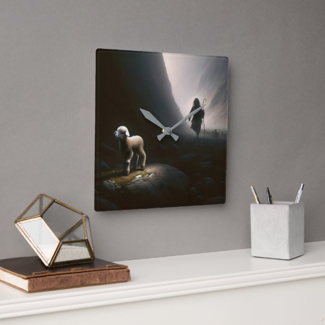 Shepherd Finating a Borttappad Lamb Fyrkantig Klocka (Kontor)