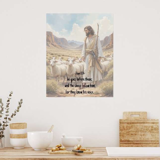 Shepherd goes before them Bible Scripture Poster (Kök)