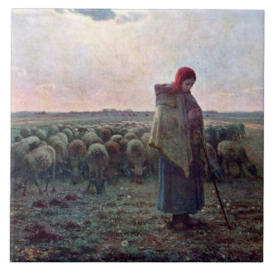 Shepherdes med hennes Flock, Jean-Francois Millet Kakelplatta