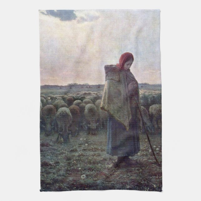 Shepherdes med hennes Flock, Jean-Francois Millet Kökshandduk (Vertikal)