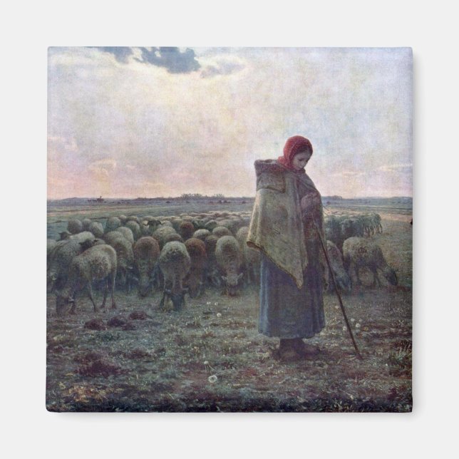 Shepherdes med hennes Flock, Jean-Francois Millet Magnet (Framsidan)