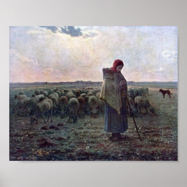 Shepherdes med hennes Flock, Jean-Francois Millet Poster (Framsidan)