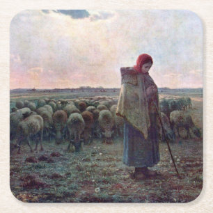 Shepherdes med hennes Flock, Jean-Francois Millet Underlägg Papper Kvadrat