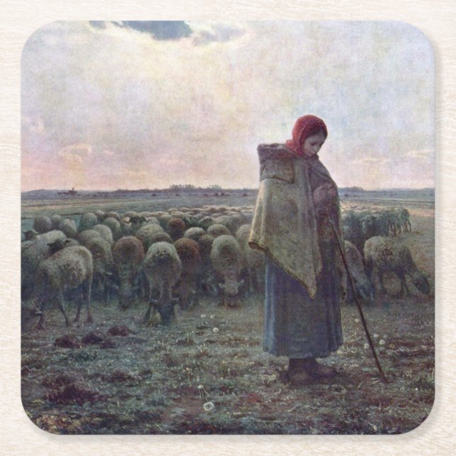 Shepherdes med hennes Flock, Jean-Francois Millet Underlägg Papper Kvadrat (Framsidan)