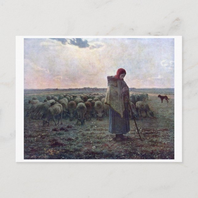 Shepherdes med hennes Flock, Jean-Francois Millet Vykort (Framsida)