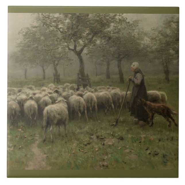 Shepherdess med en flock av får, Anton Mauve Kakelplatta (Framsidan)