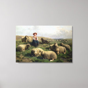 Shepherdess med får i en landskap canvastryck