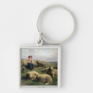 Shepherdess med får i en landskap fyrkantig silverfärgad nyckelring