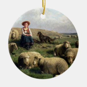Shepherdess med får i en landskap julgransprydnad keramik