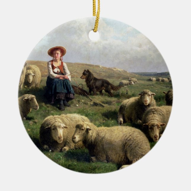 Shepherdess med får i en landskap julgransprydnad keramik (Framsidan)