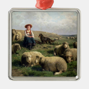 Shepherdess med får i en landskap julgransprydnad metall