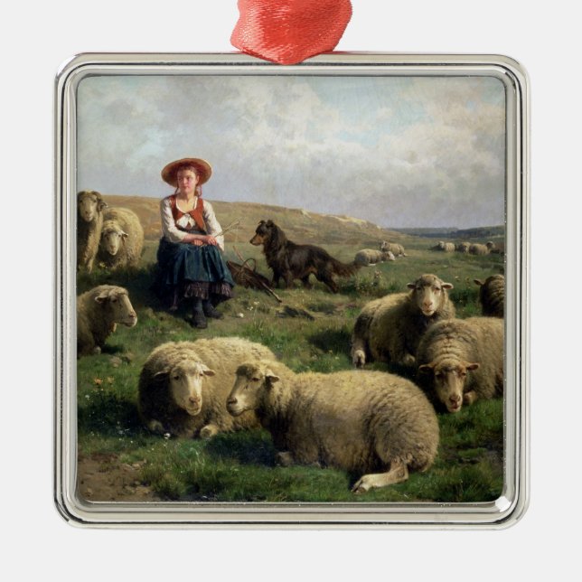 Shepherdess med får i en landskap julgransprydnad metall (Framsidan)