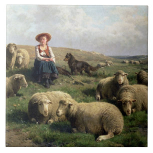 Shepherdess med får i en landskap kakelplatta