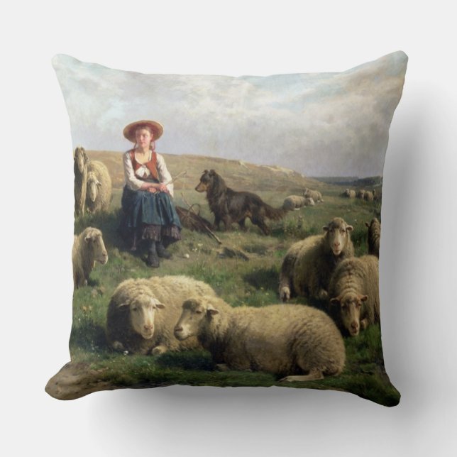 Shepherdess med får i en landskap kudde (Framsida)